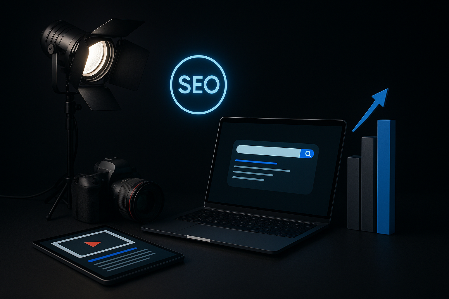 Desk setup with a laptop displaying SEO concepts, a tablet with a video thumbnail, a camera, and a graph indicating growth, illuminated by a spotlight