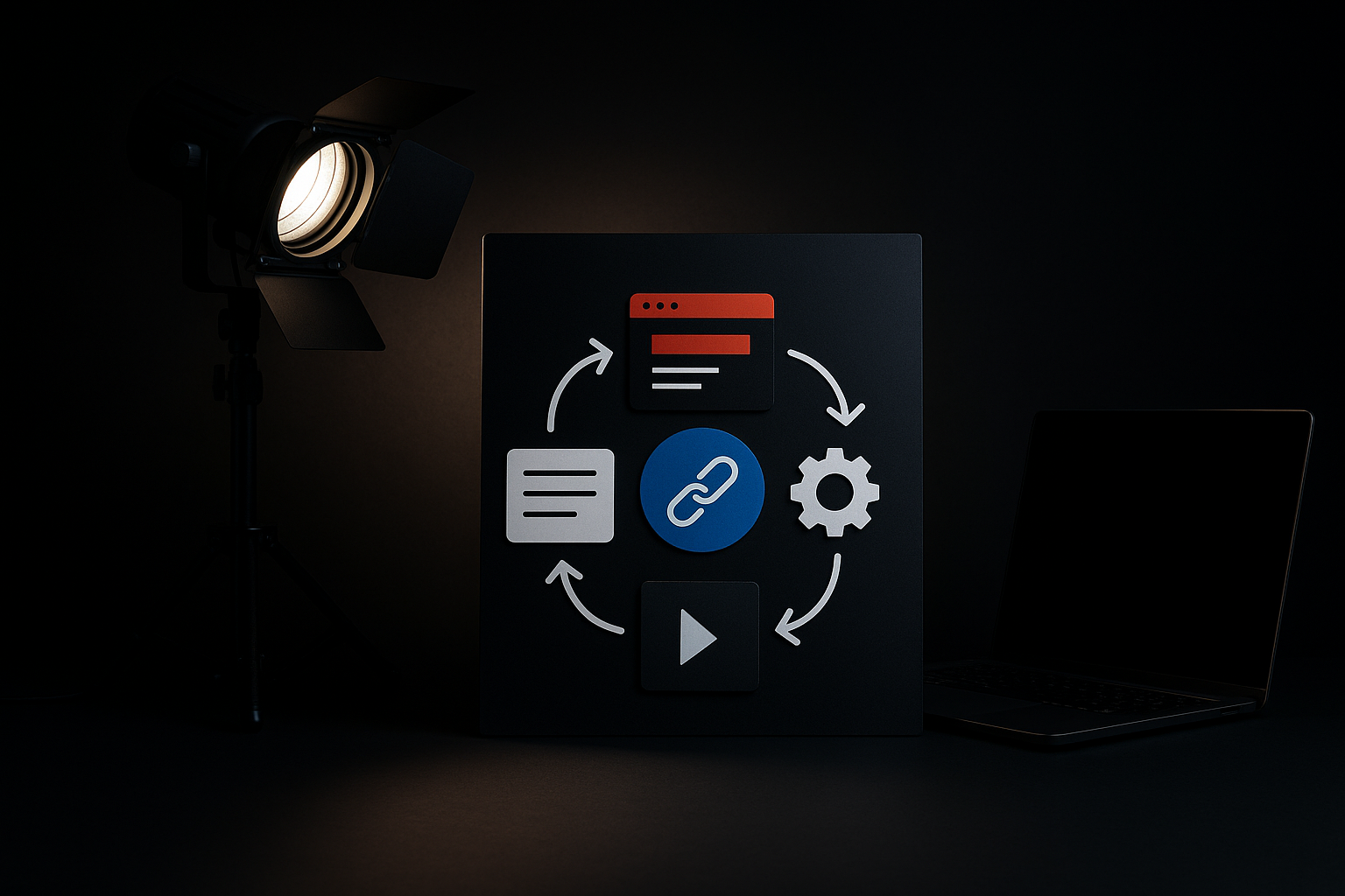 Graphic showing a circular process with icons: web pages, text, a link, a gear, and a play button, on dark background with spotlight and laptop
