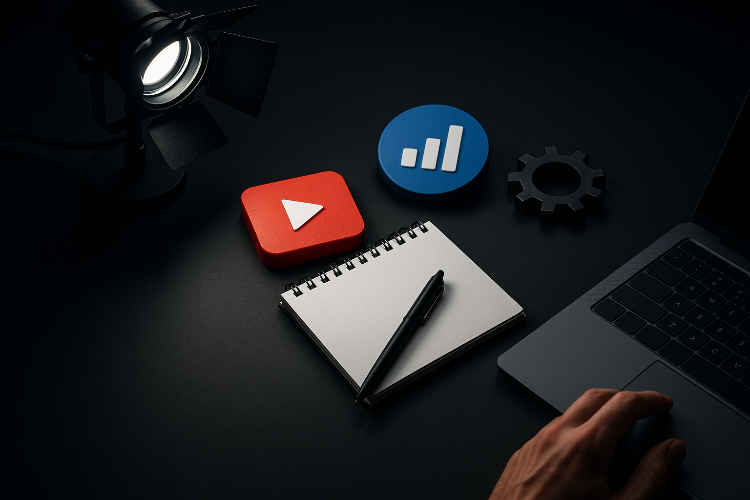 A dark workspace featuring a spotlight, a laptop, a red YouTube logo, a blue analytics icon, a black gear symbol, a blank notepad, and a pen