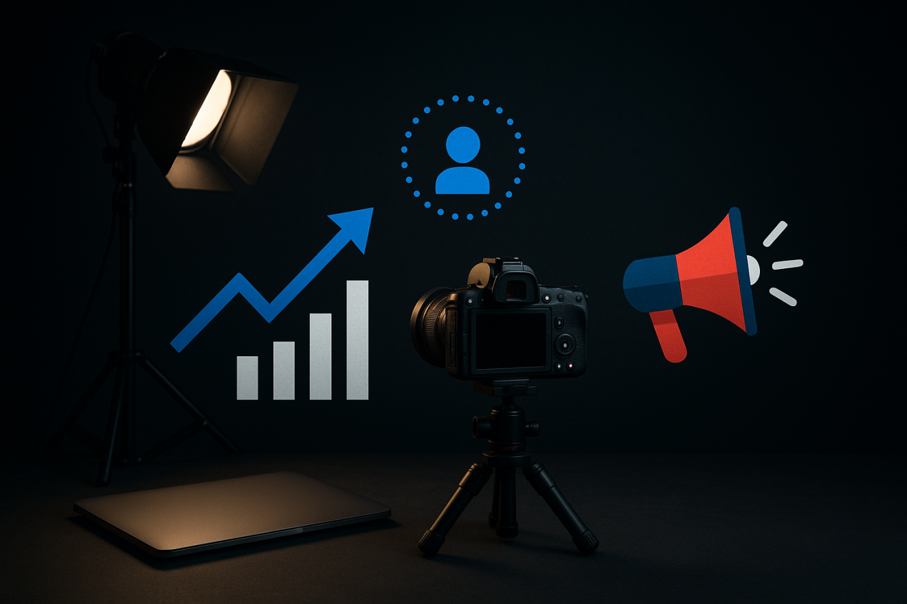 A black backdrop featuring a camera on a tripod, a spotlight, a graph with an upward trend, a user icon, and a megaphone symbol